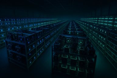 Rows of illuminated mining rigs in a dark room