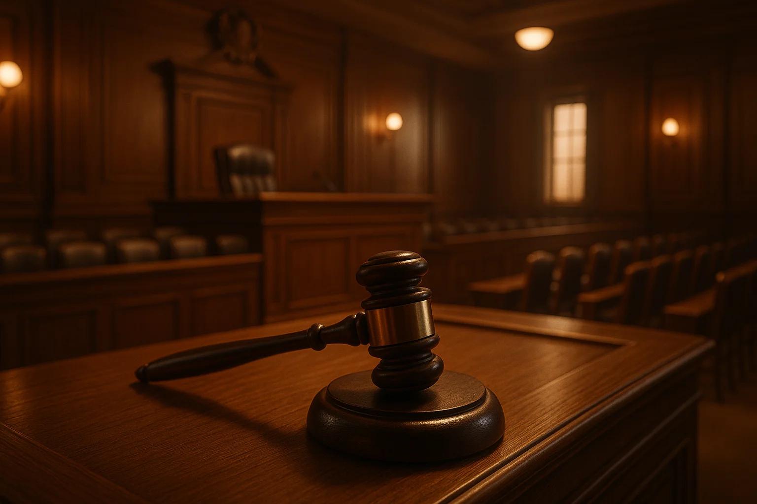 Wooden gavel on a judge's bench in a courtroom
