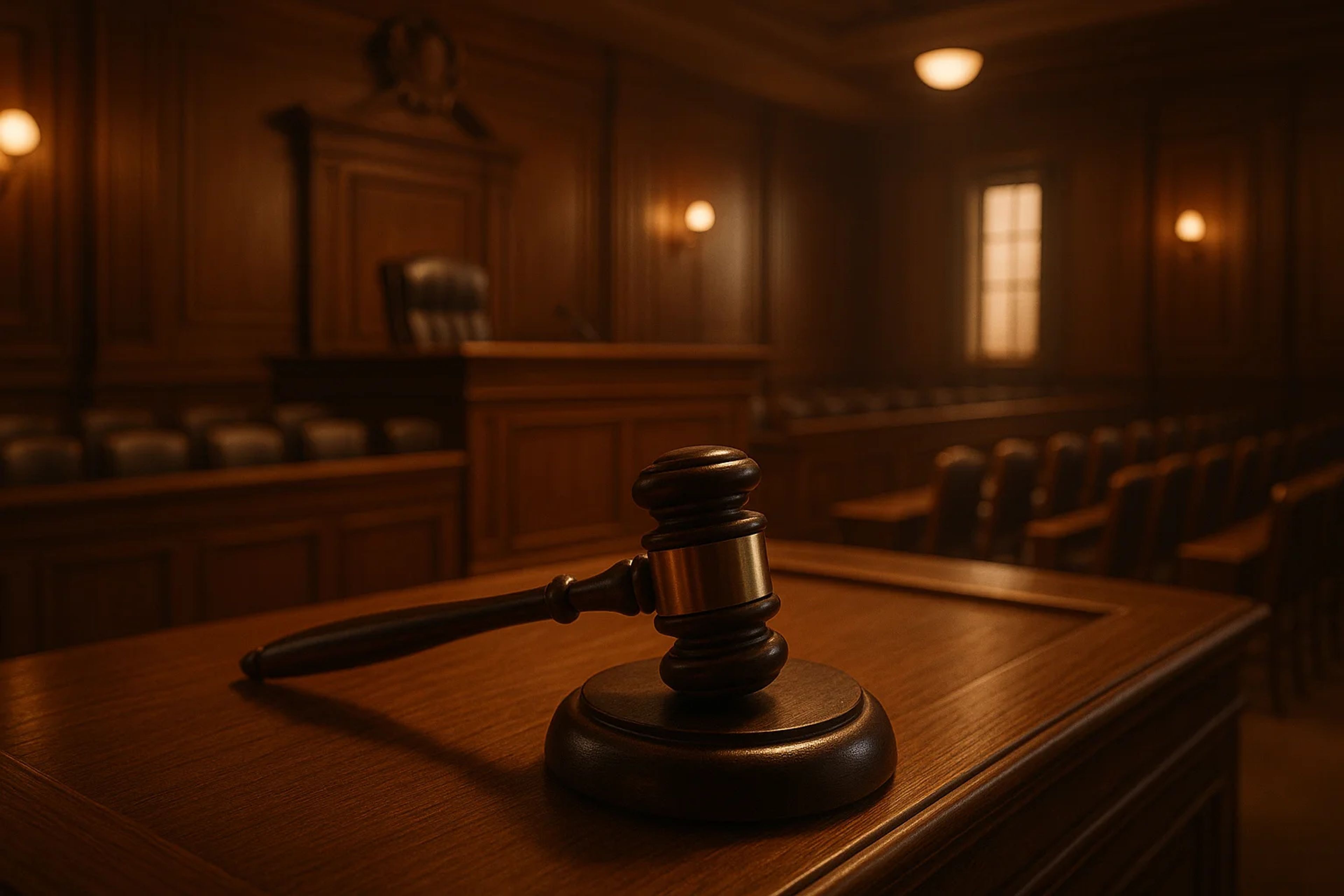 Wooden gavel on a judge's bench in a courtroom