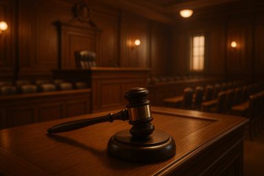 Wooden gavel on a judge's bench in a courtroom