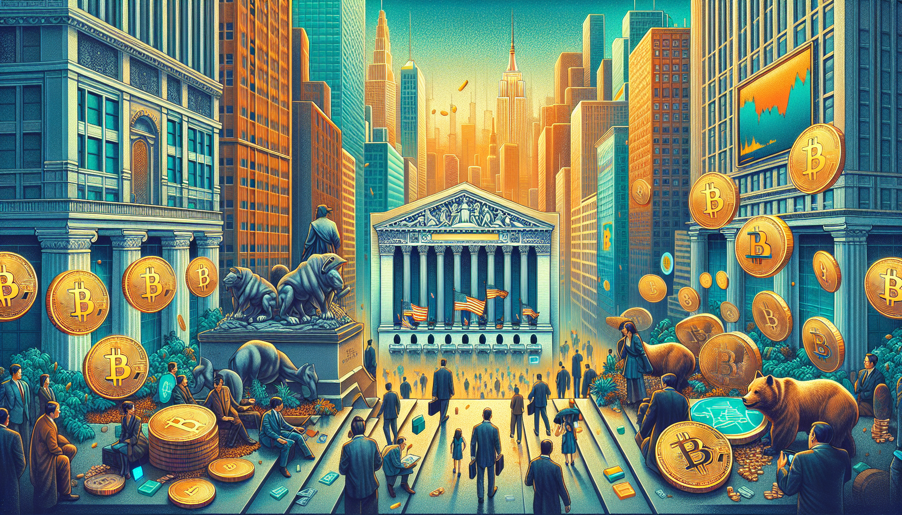 Cityscape with skyscrapers, statues, and Bitcoin