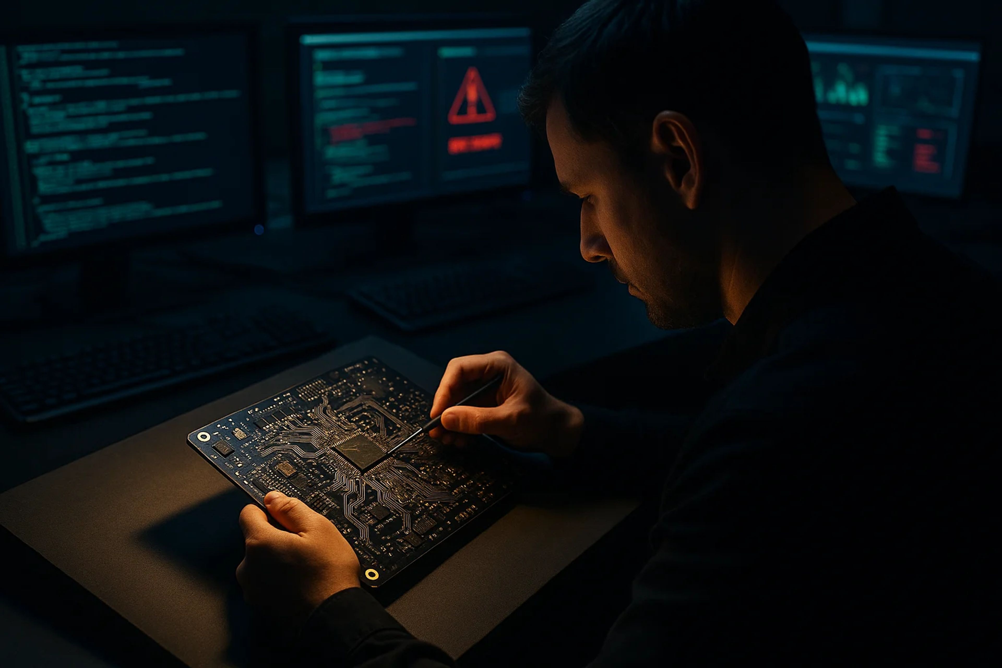 A person examining a circuit board in a dimly lit