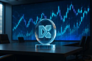 A translucent trophy with a logo on a table