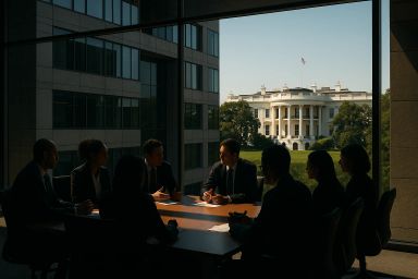 Silhouetted figures in a meeting room with the