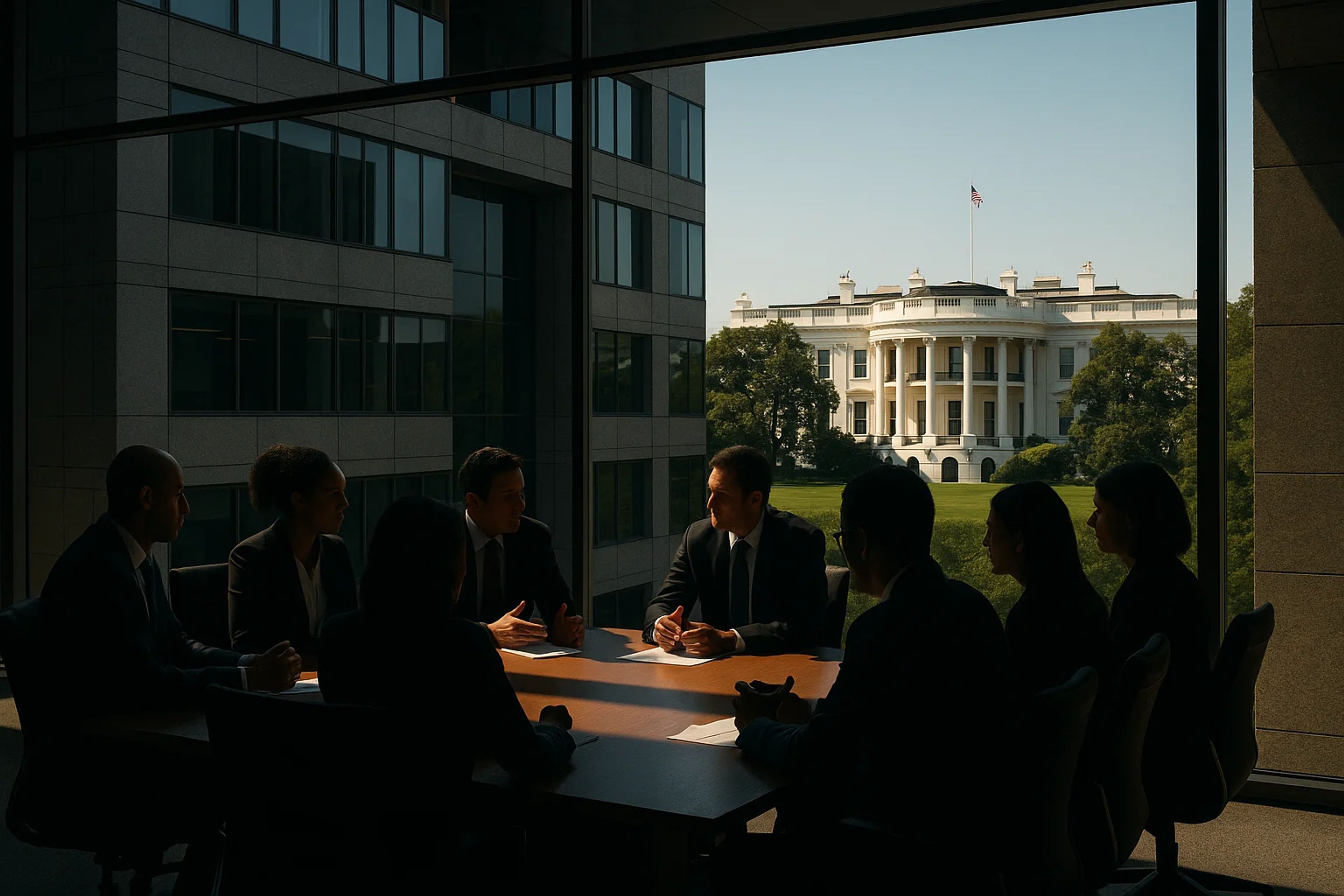 Silhouetted figures in a meeting room with the