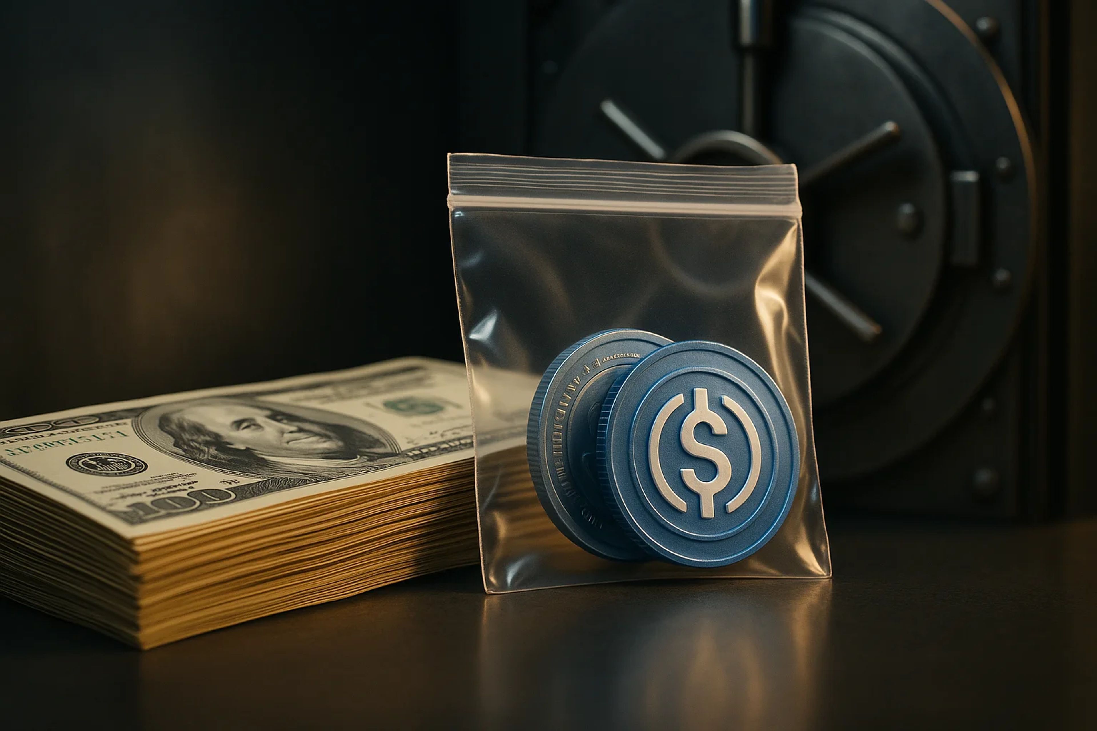 Stack of cash next to blue tokens in a bag