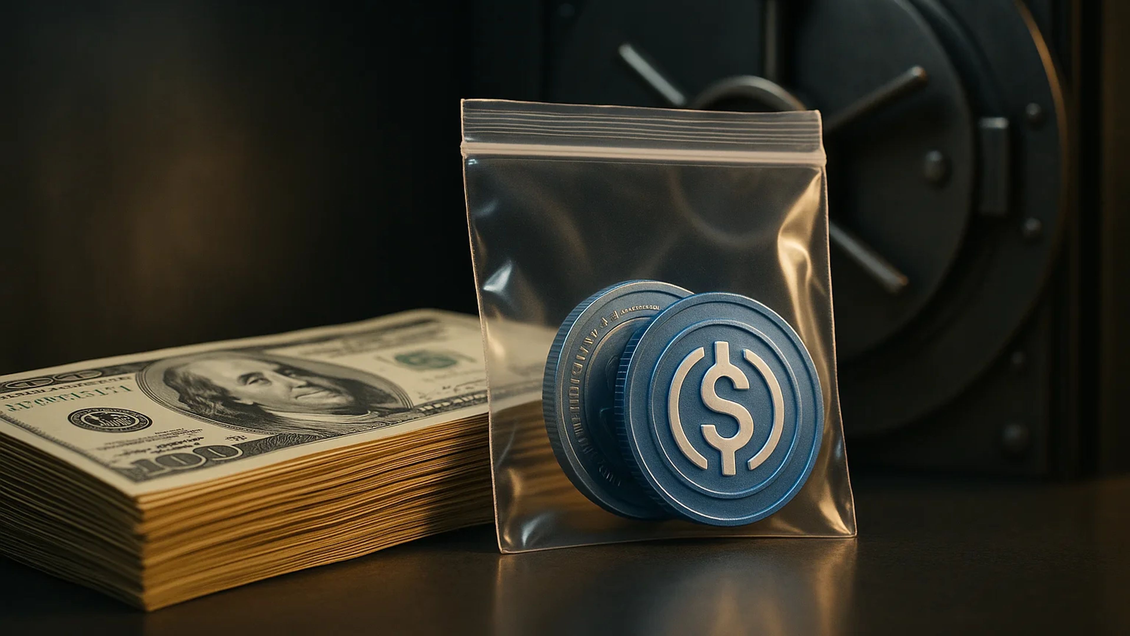 Stack of cash next to blue tokens in a bag