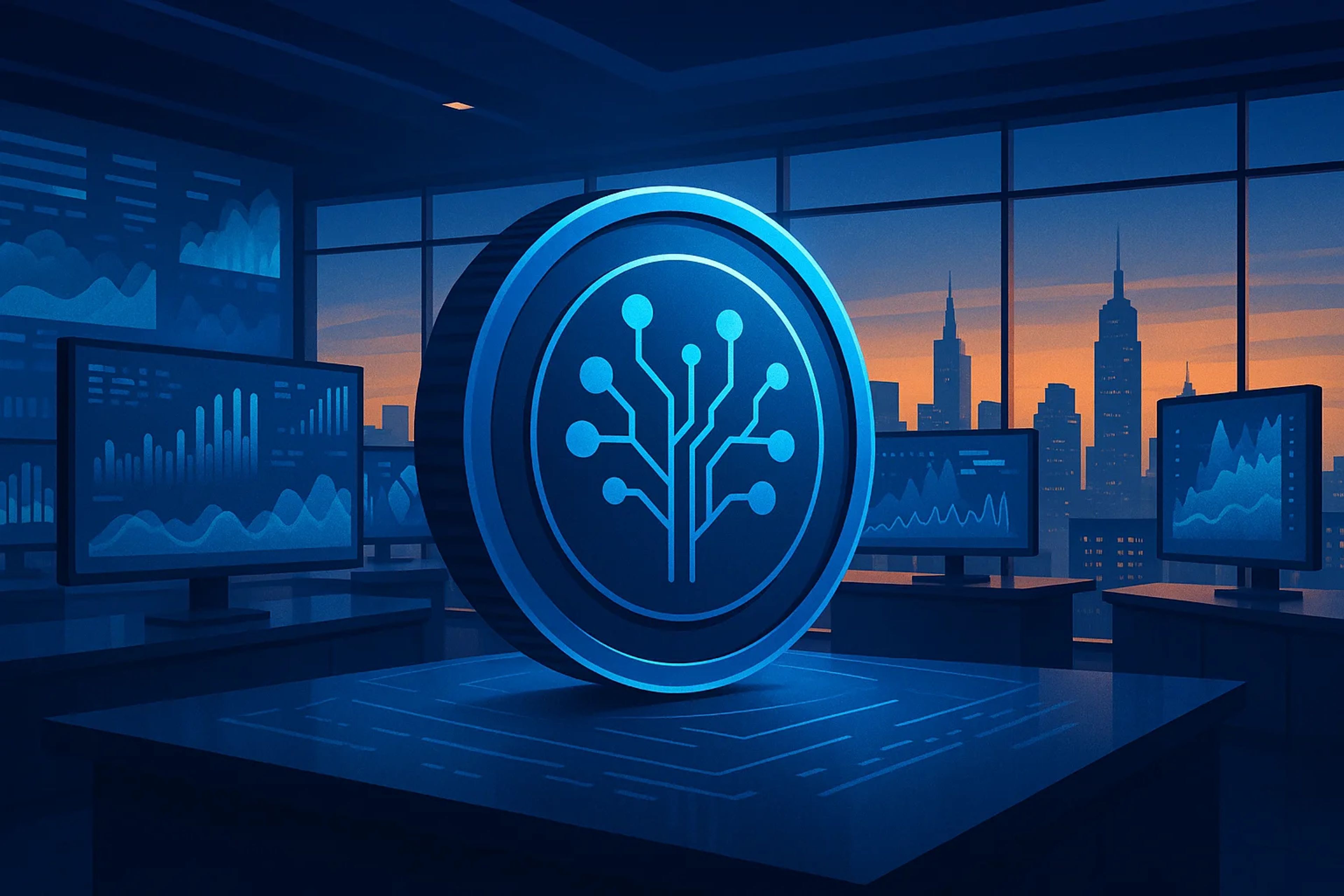 A glowing blue coin with a circuit design, set on