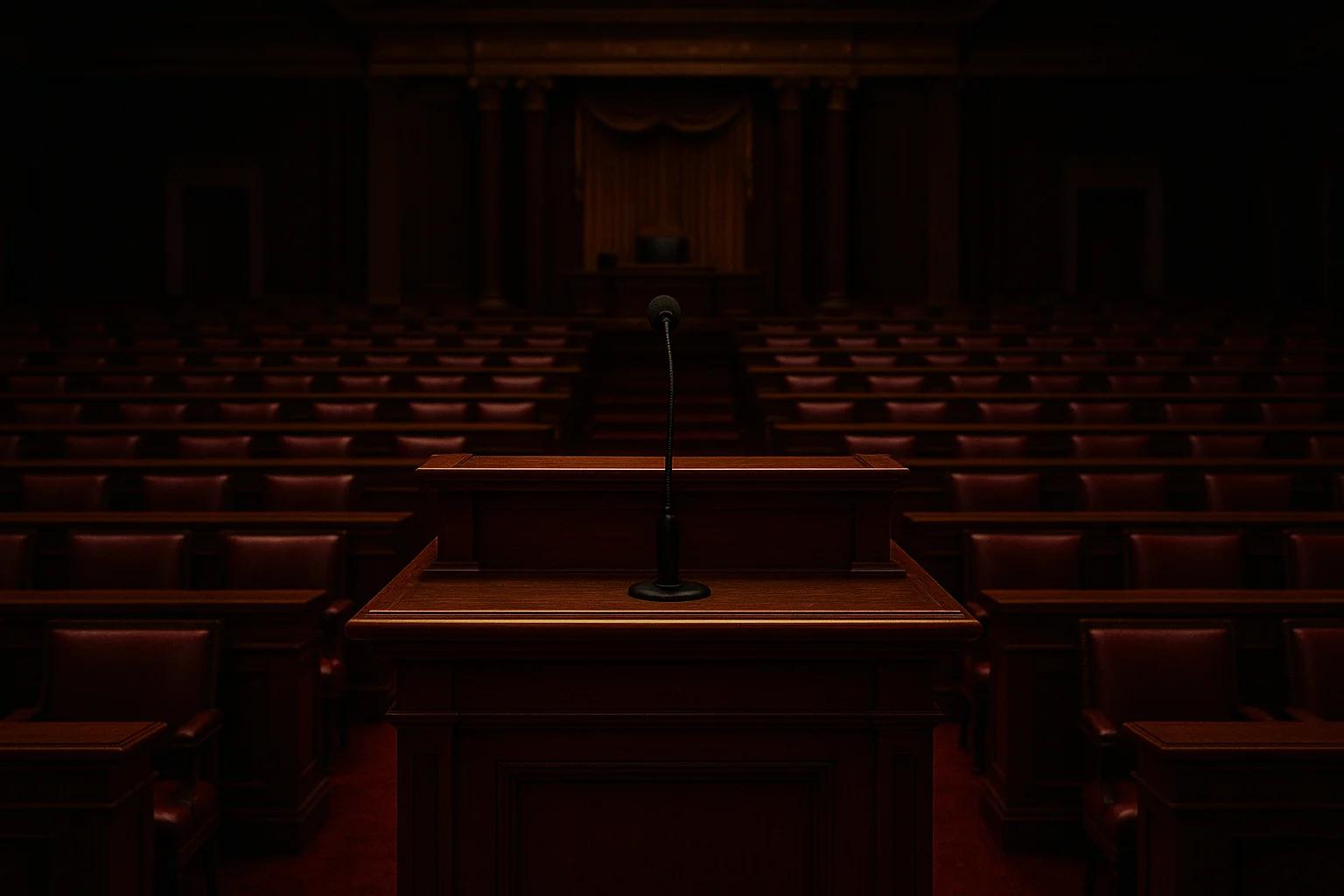 Empty courtroom with wooden podium and seats