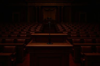 Empty courtroom with wooden podium and seats