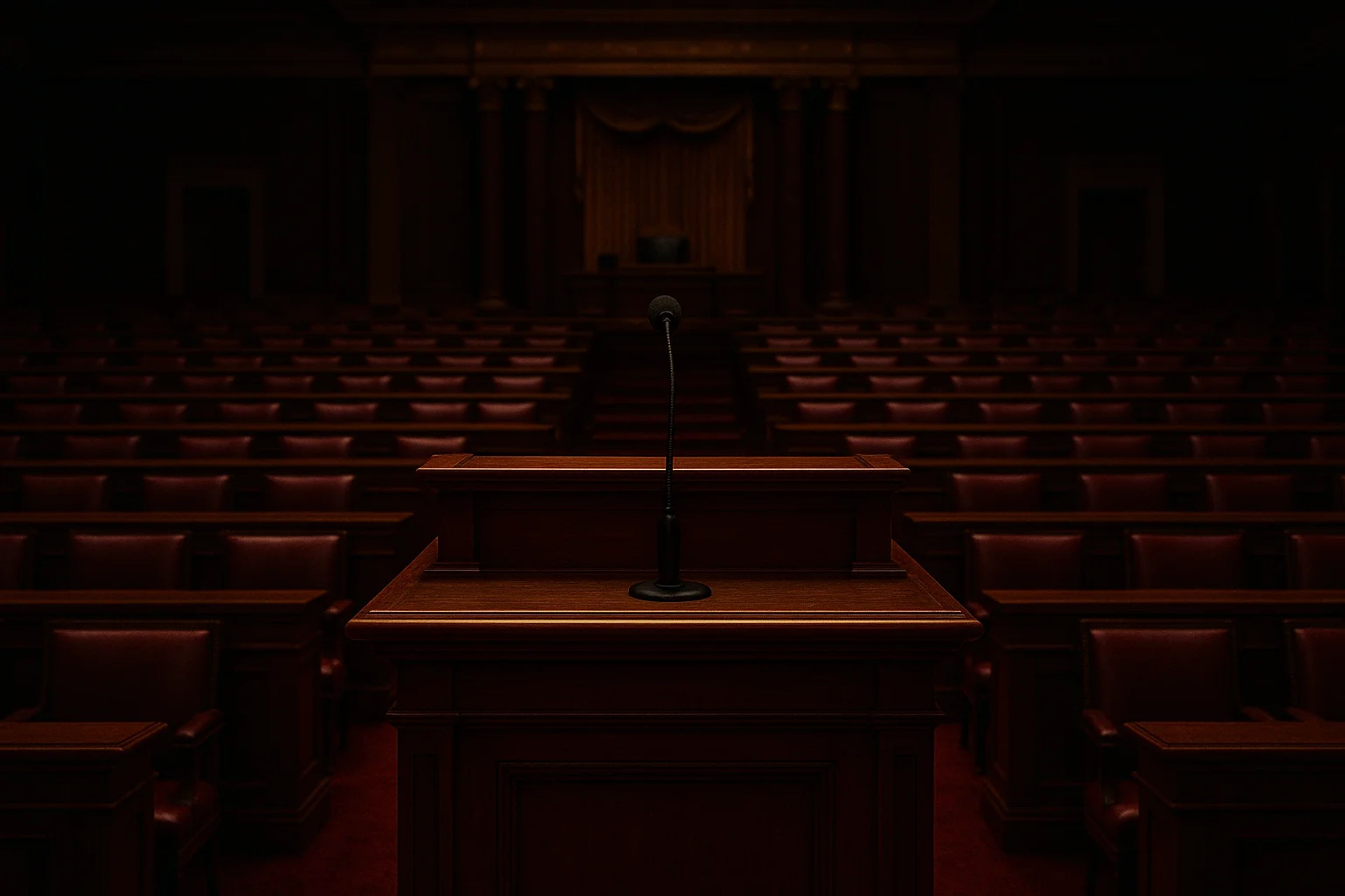 Empty courtroom with wooden podium and seats