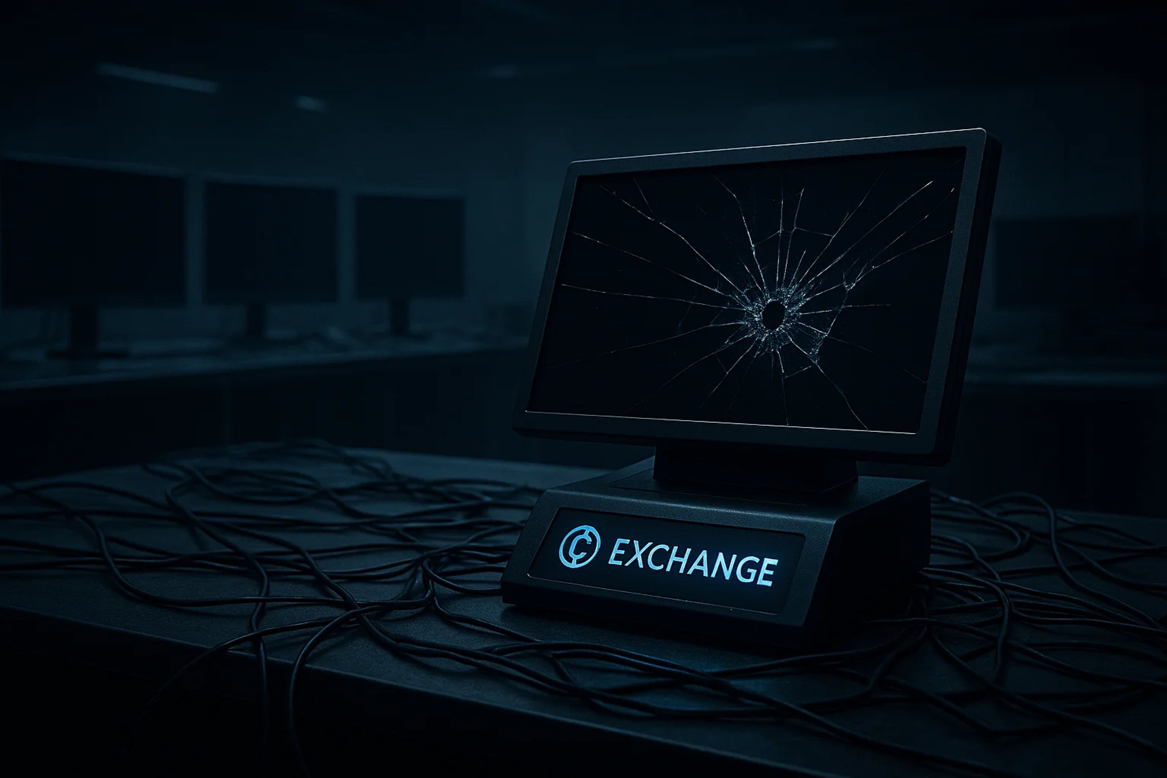 A cracked computer monitor on a desk surrounded