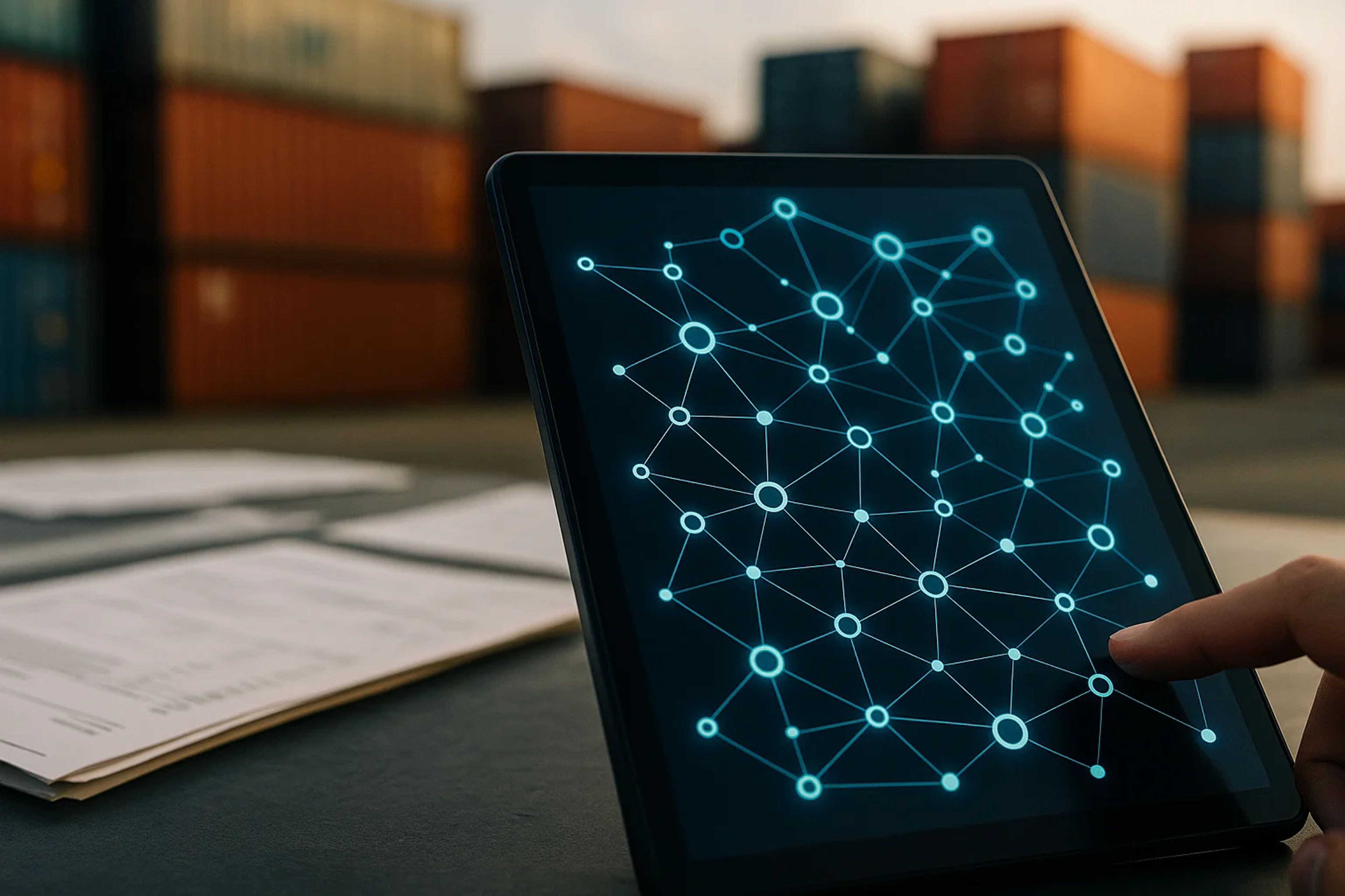 A tablet displaying a network diagram with