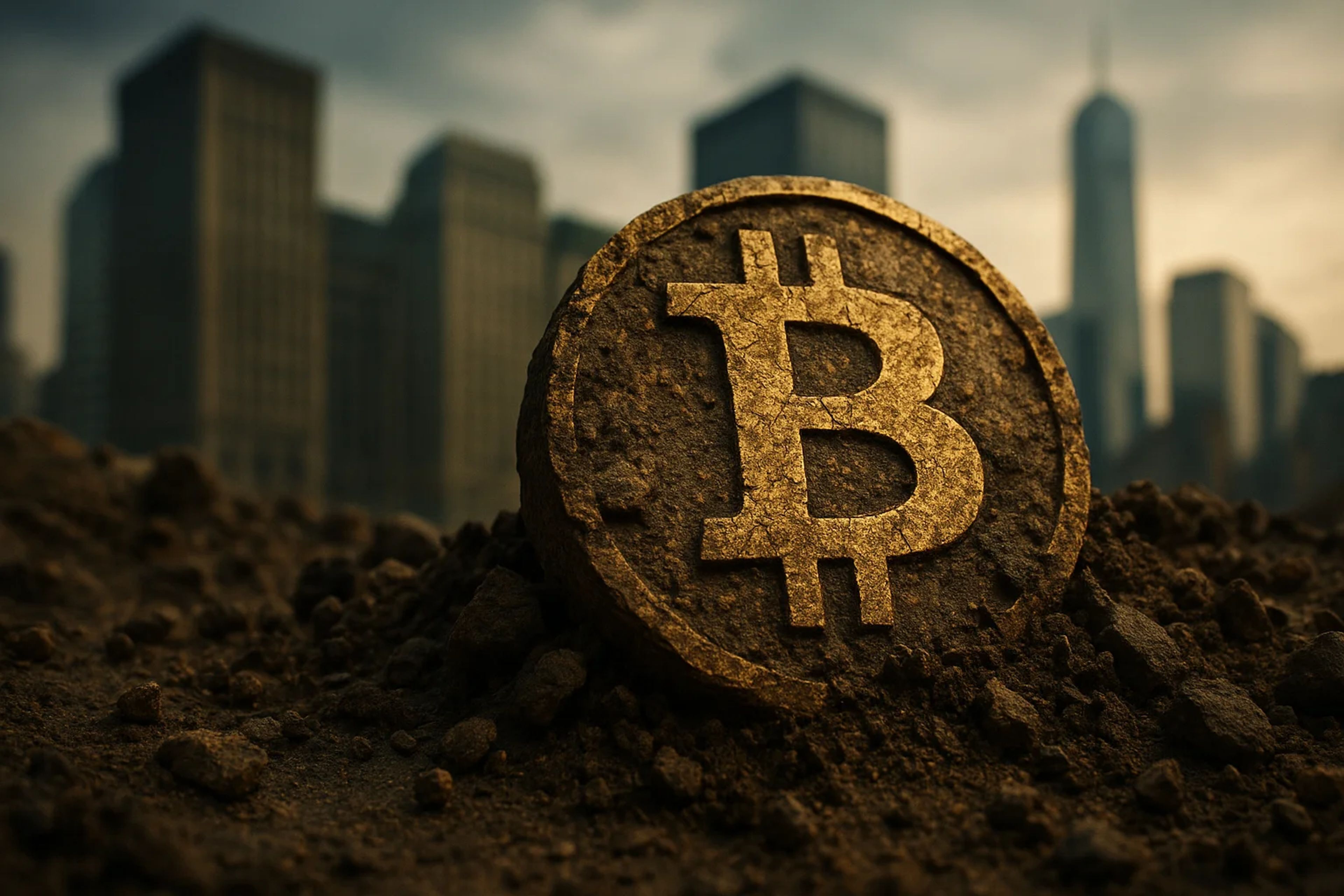 A golden Bitcoin symbol partially buried in dirt