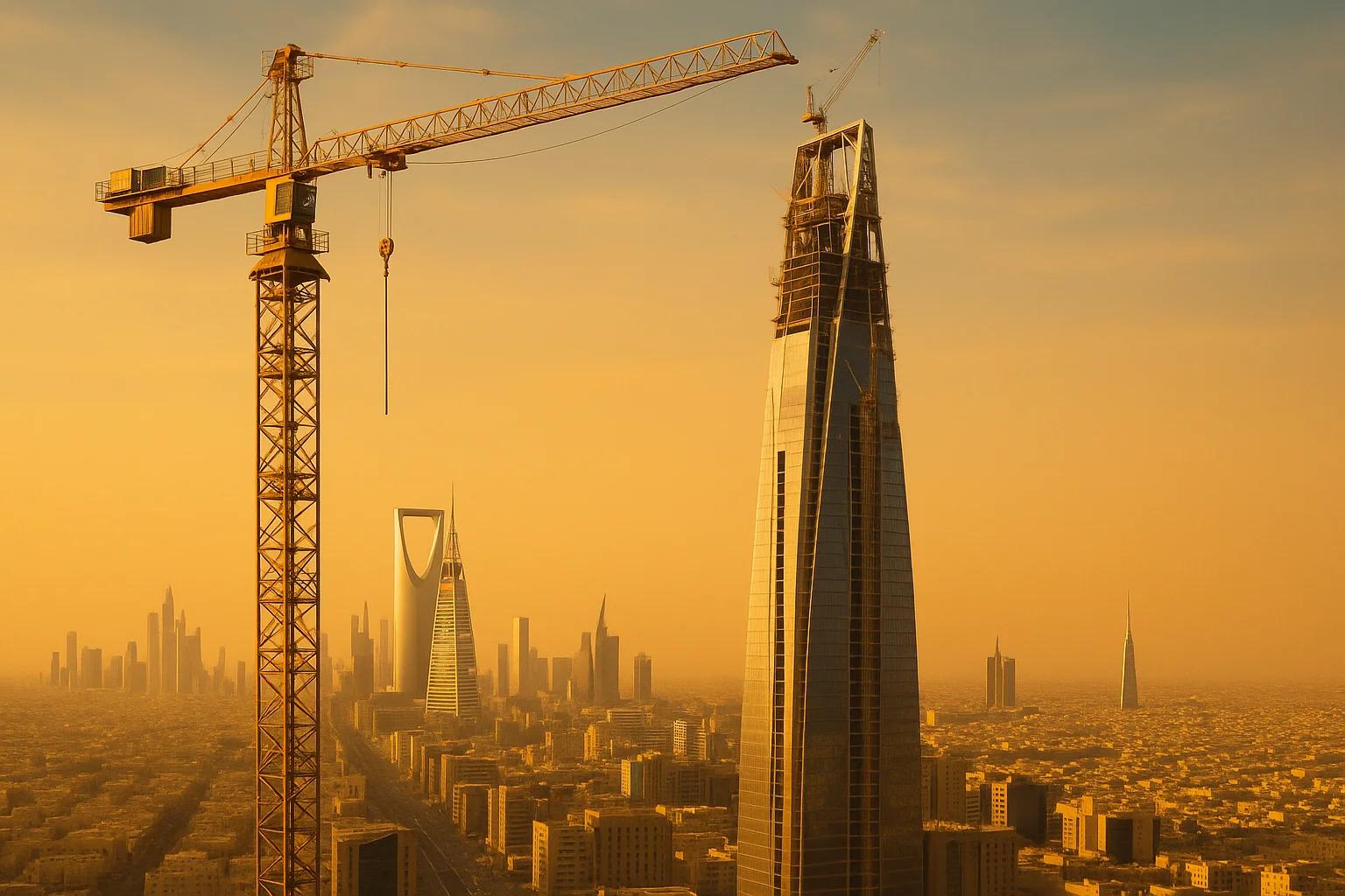 Silhouetted skyline with cranes at sunset
