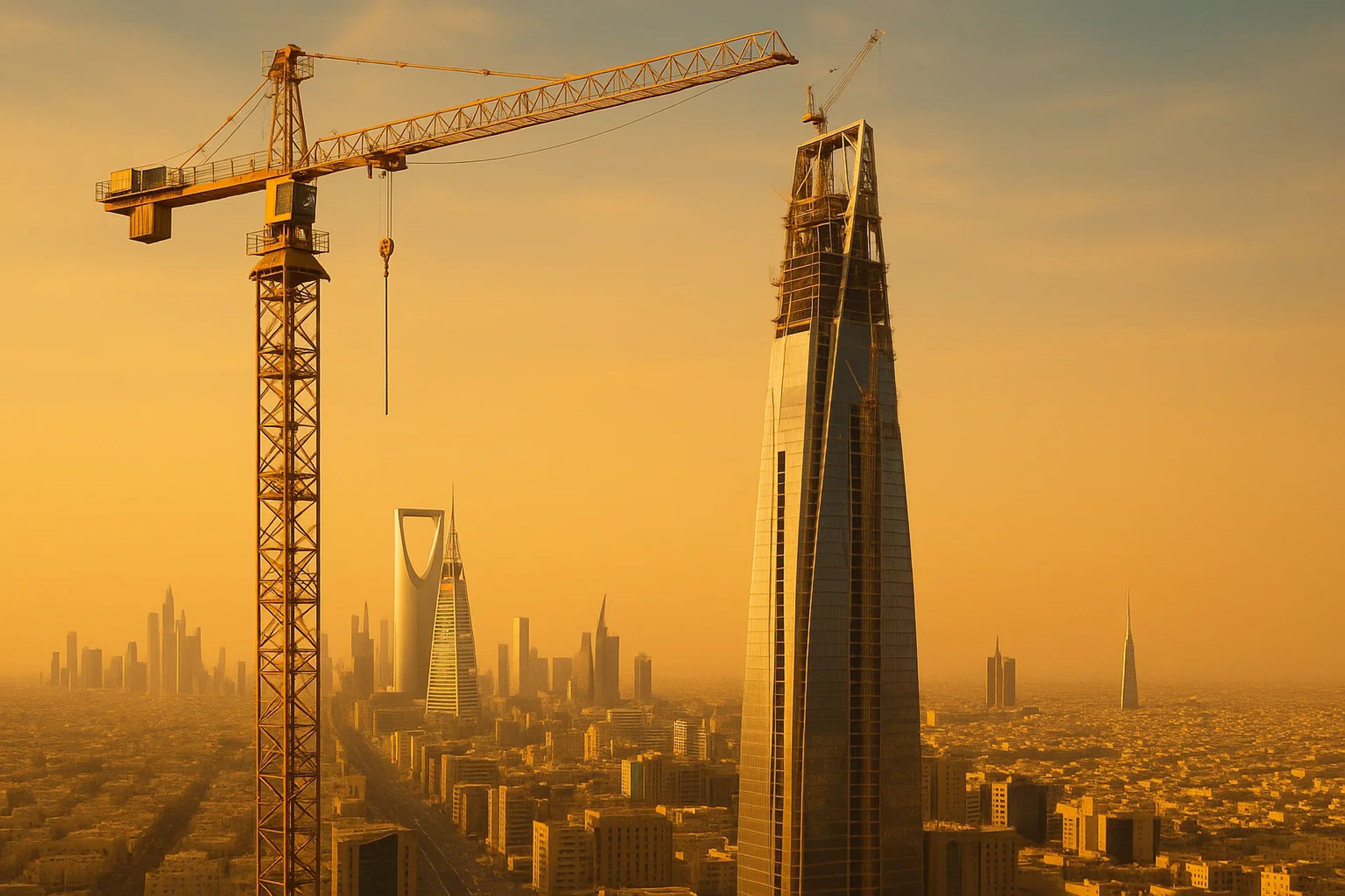Silhouetted skyline with cranes at sunset
