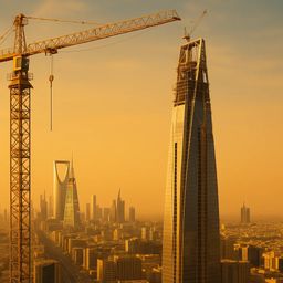 Silhouetted skyline with cranes at sunset