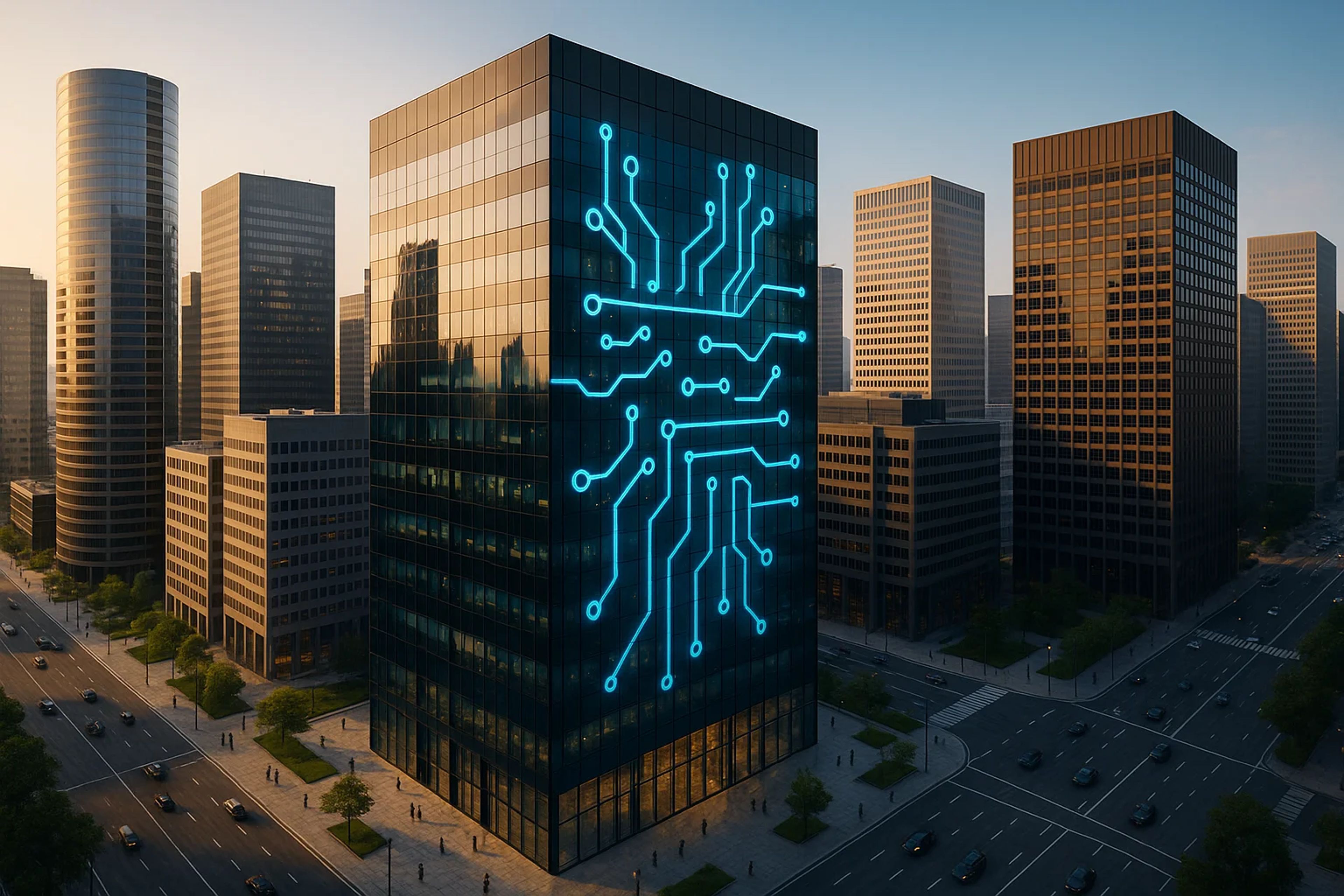 Modern skyscraper with circuit pattern on glass