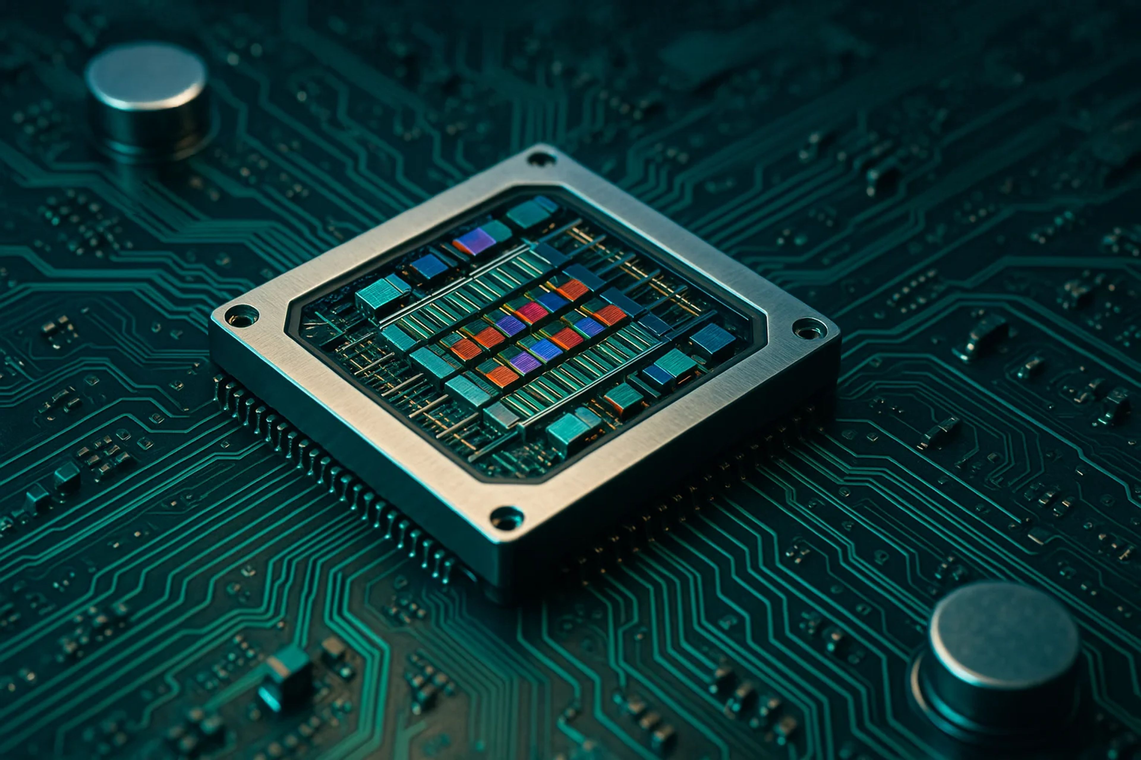 Close-up of a microchip on a circuit board