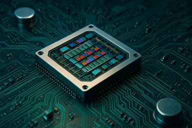 Close-up of a microchip on a circuit board