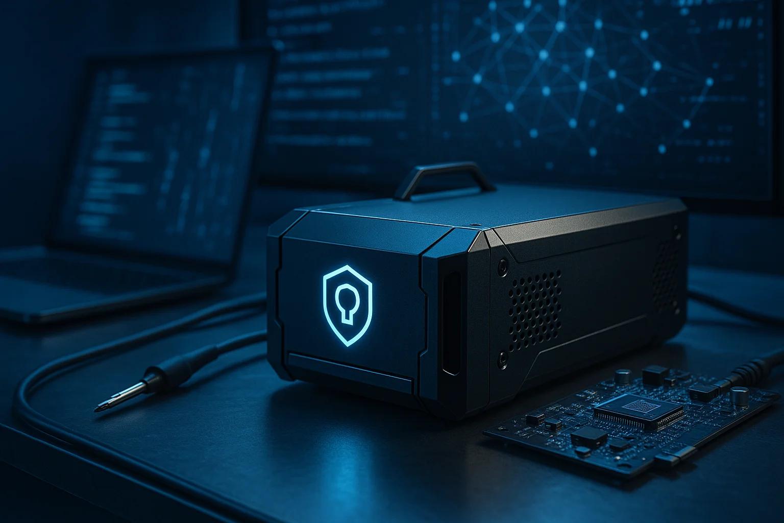 A sleek black device with a shield logo