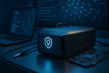 A sleek black device with a shield logo