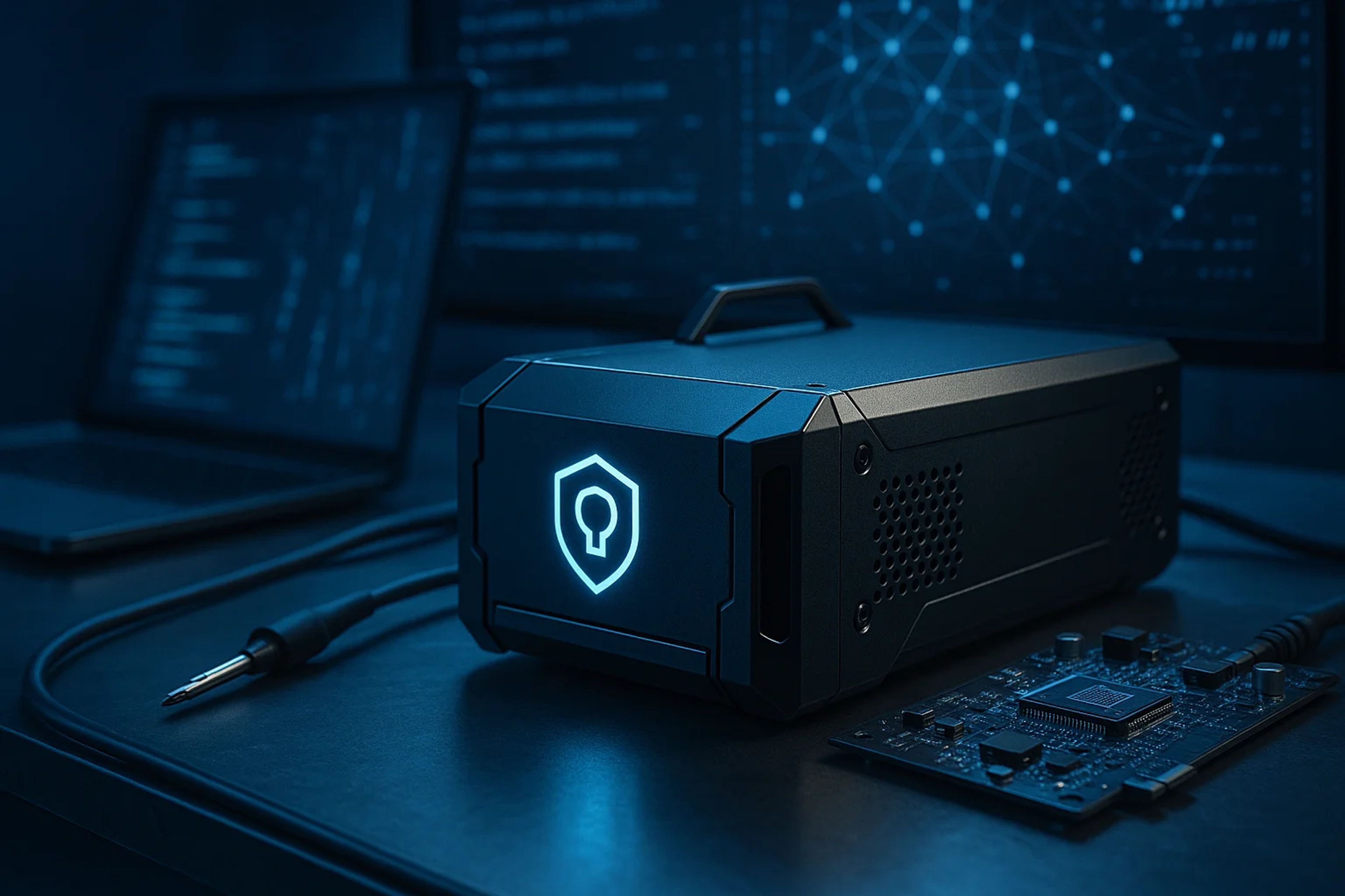 A sleek black device with a shield logo