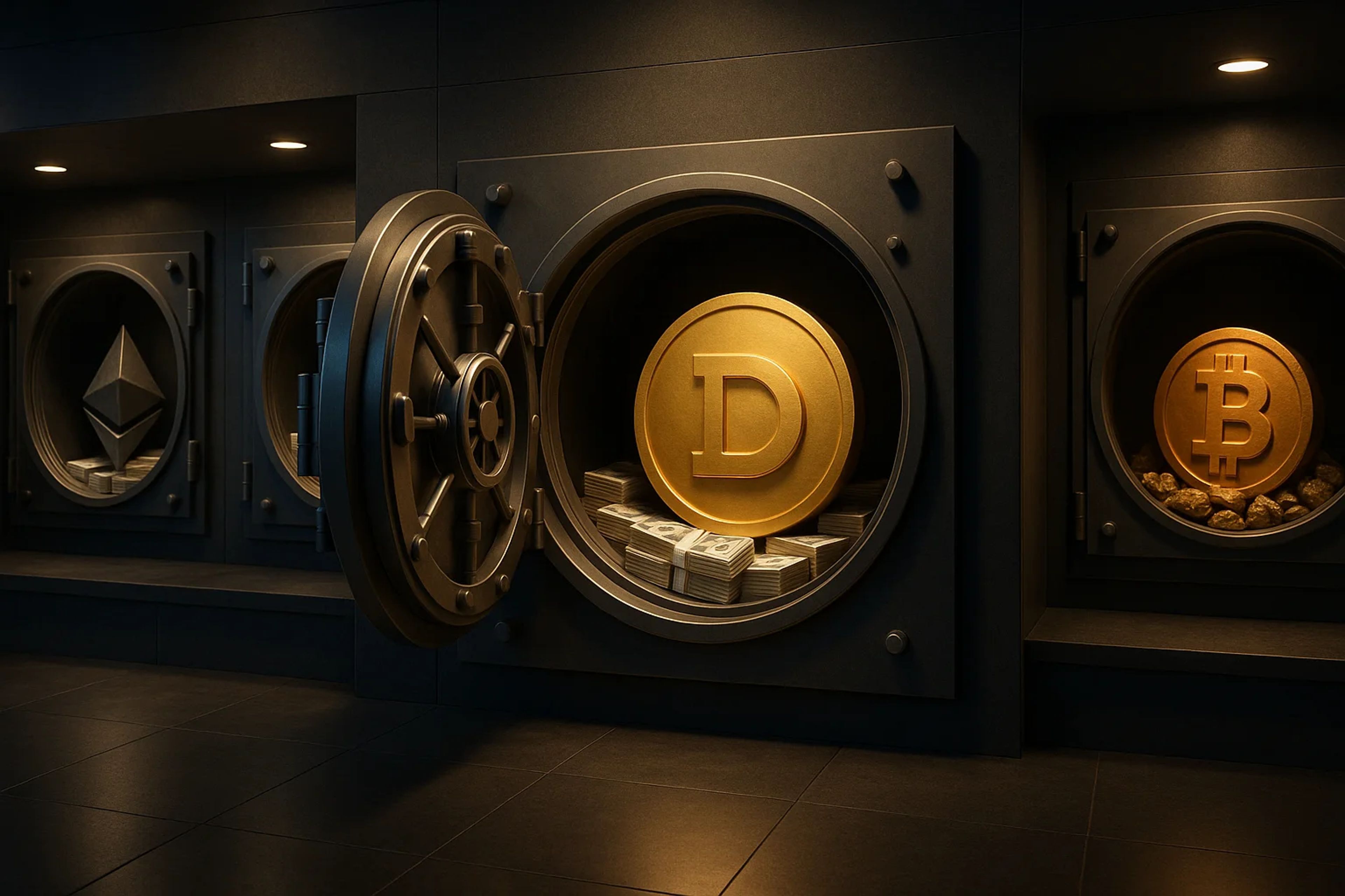 Open vault displaying gold coins and cash