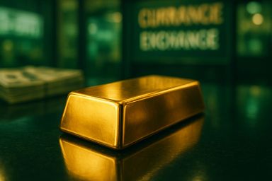 A gold bar resting on a dark surface
