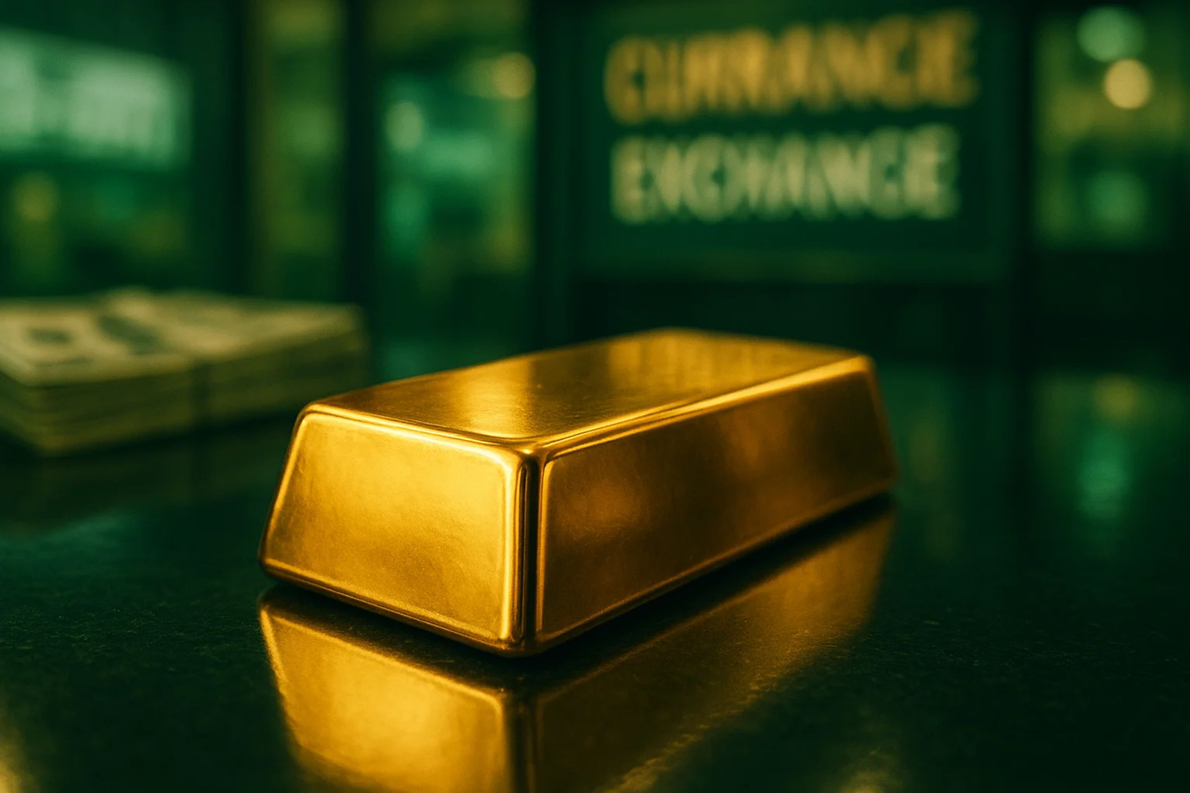 A gold bar resting on a dark surface