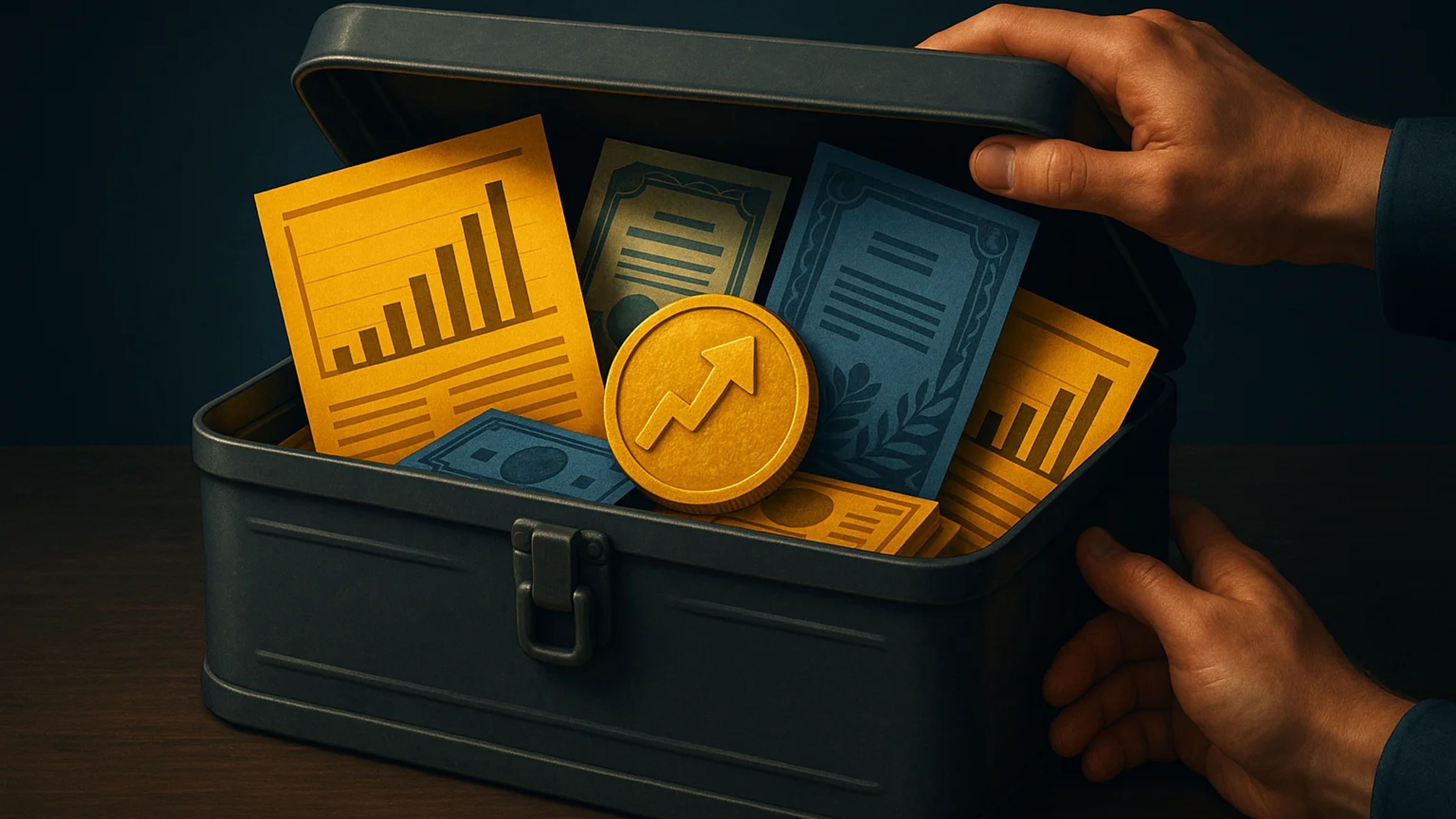 Open metal box filled with colorful financial