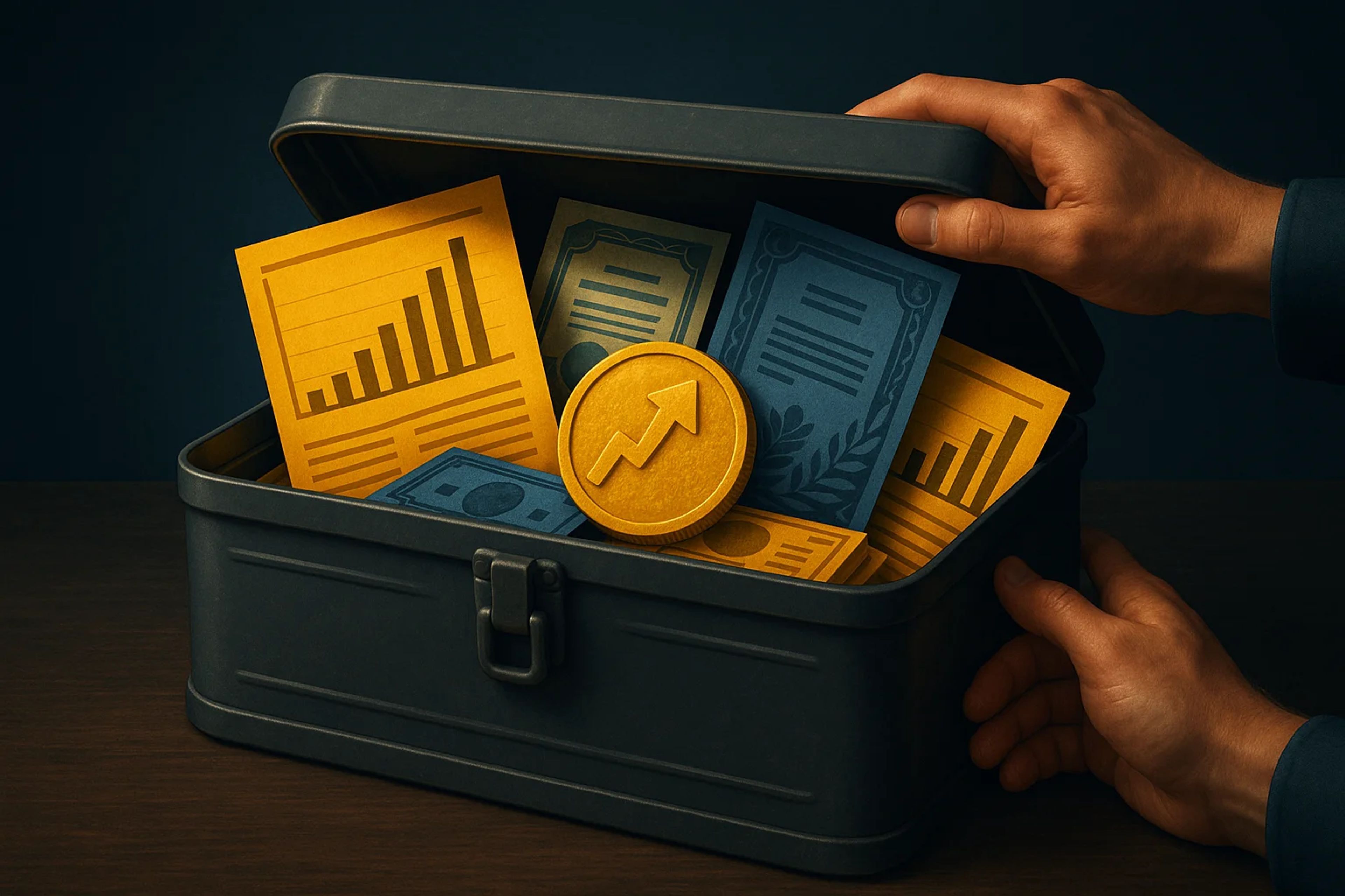 Open metal box filled with colorful financial