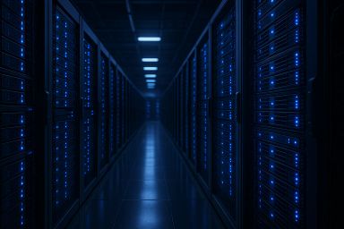 Dark server room with illuminated blue lights
