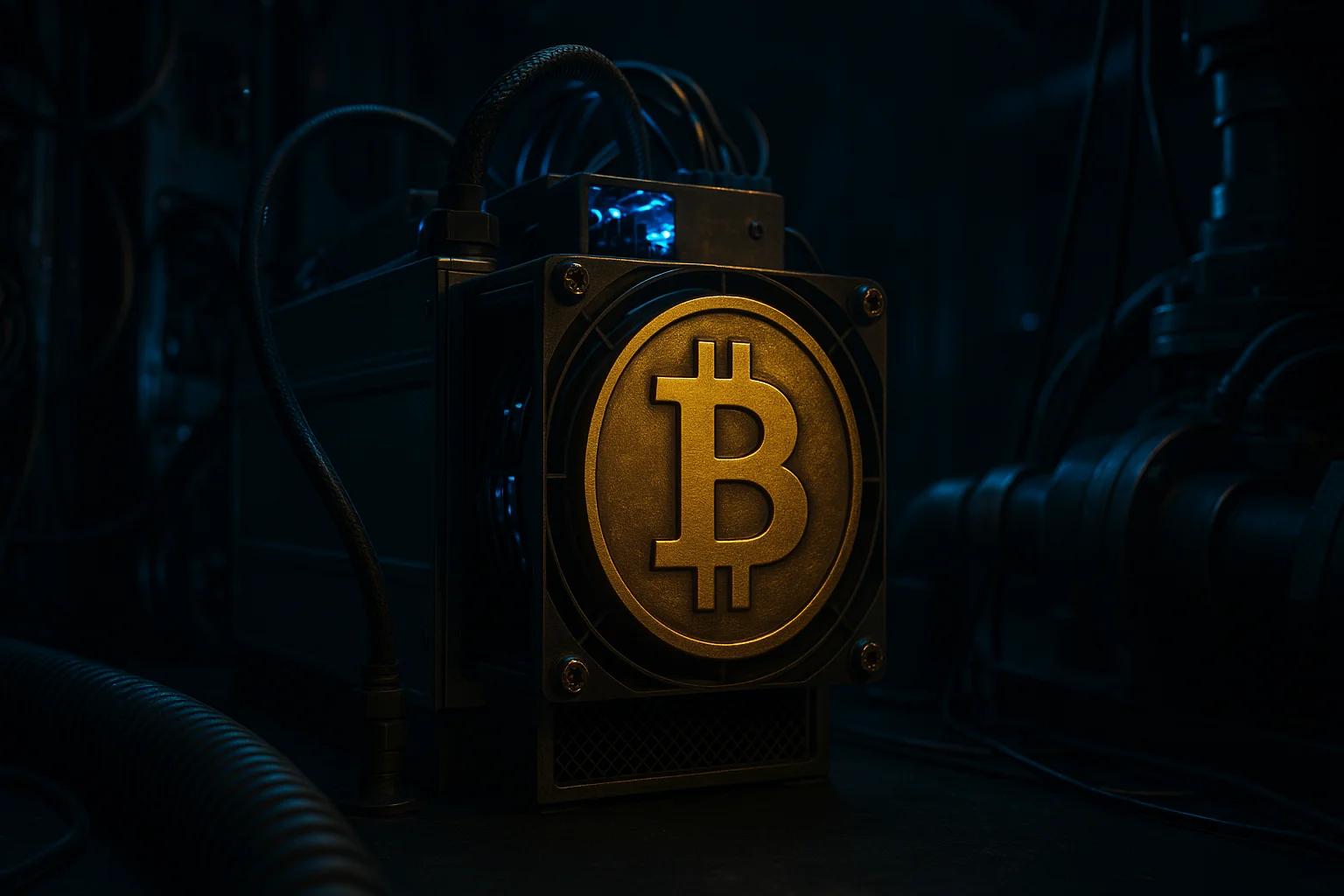 A Bitcoin mining machine with a glowing logo