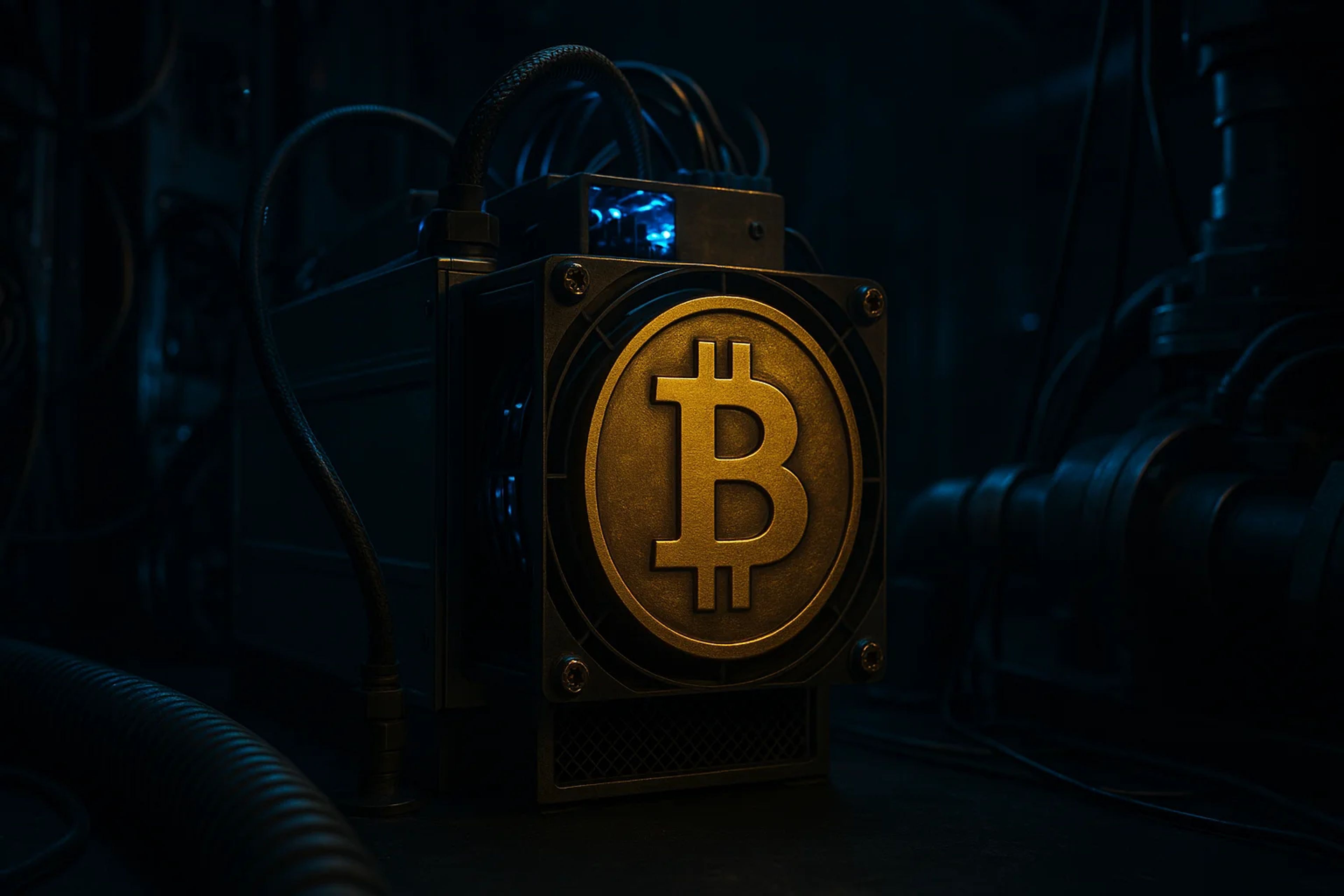 A Bitcoin mining machine with a glowing logo