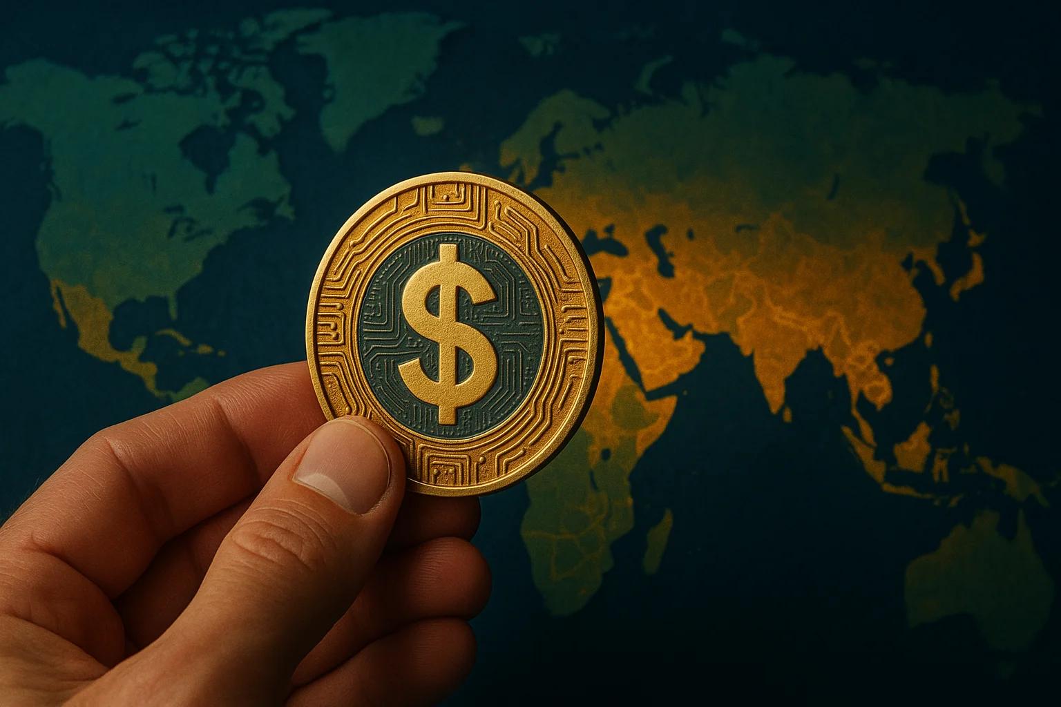 A hand holding a gold coin with a dollar sign