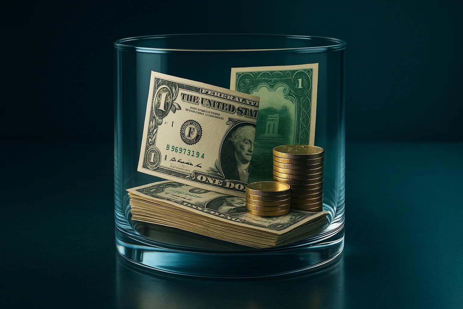 A glass container holding cash and coins