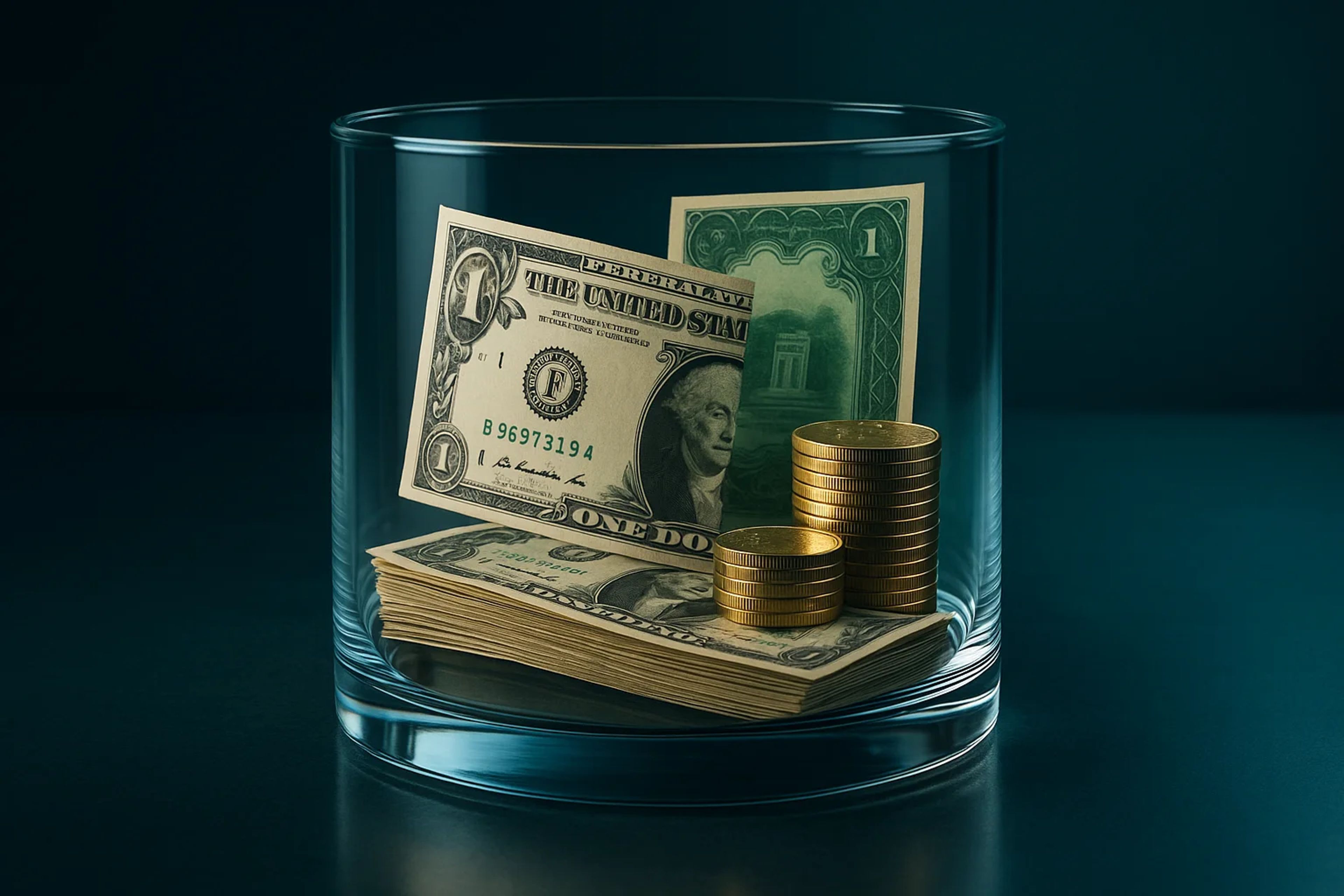 A glass container holding cash and coins