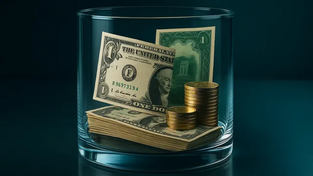 A glass container holding cash and coins