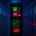 A dark server room with illuminated racks