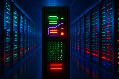 A dark server room with illuminated racks