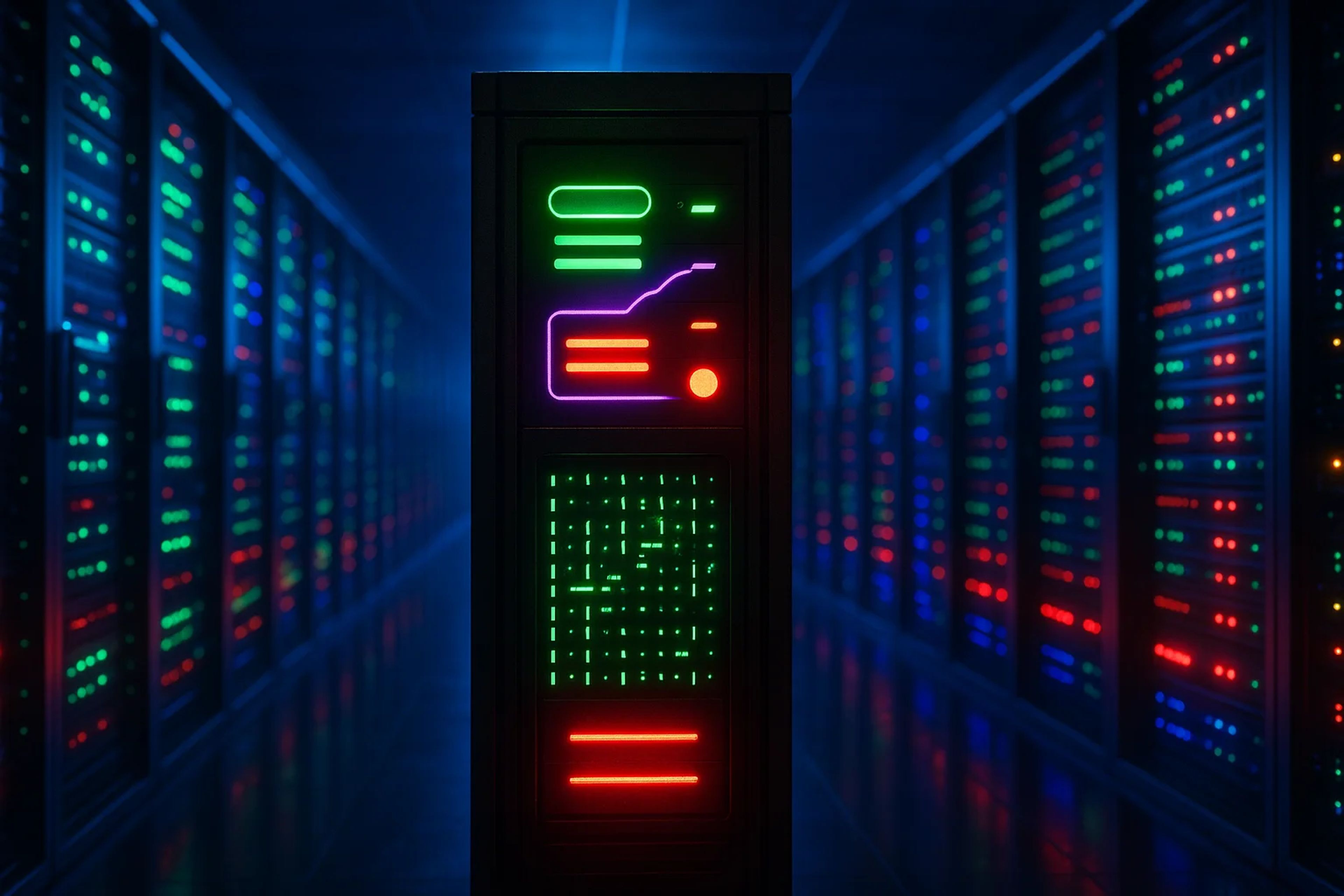 A dark server room with illuminated racks