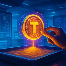 A hand holding a glowing coin above a tray of sand