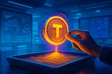 A hand holding a glowing coin above a tray of sand