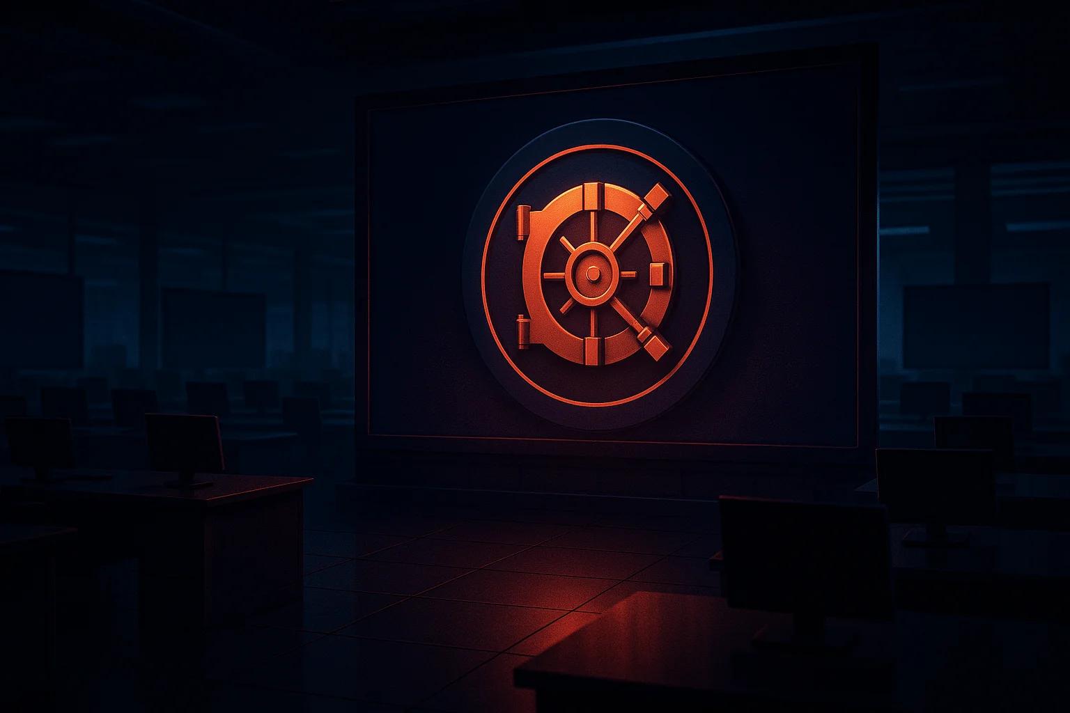 Dimly lit room with a vault door emblem