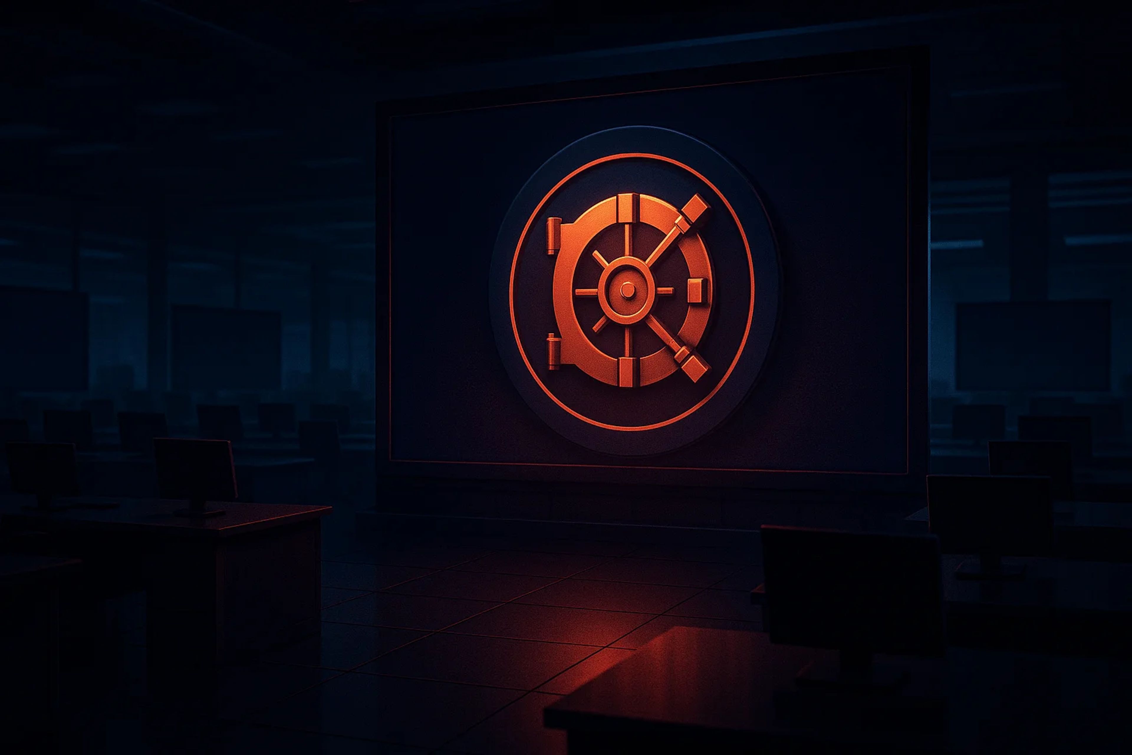 Dimly lit room with a vault door emblem