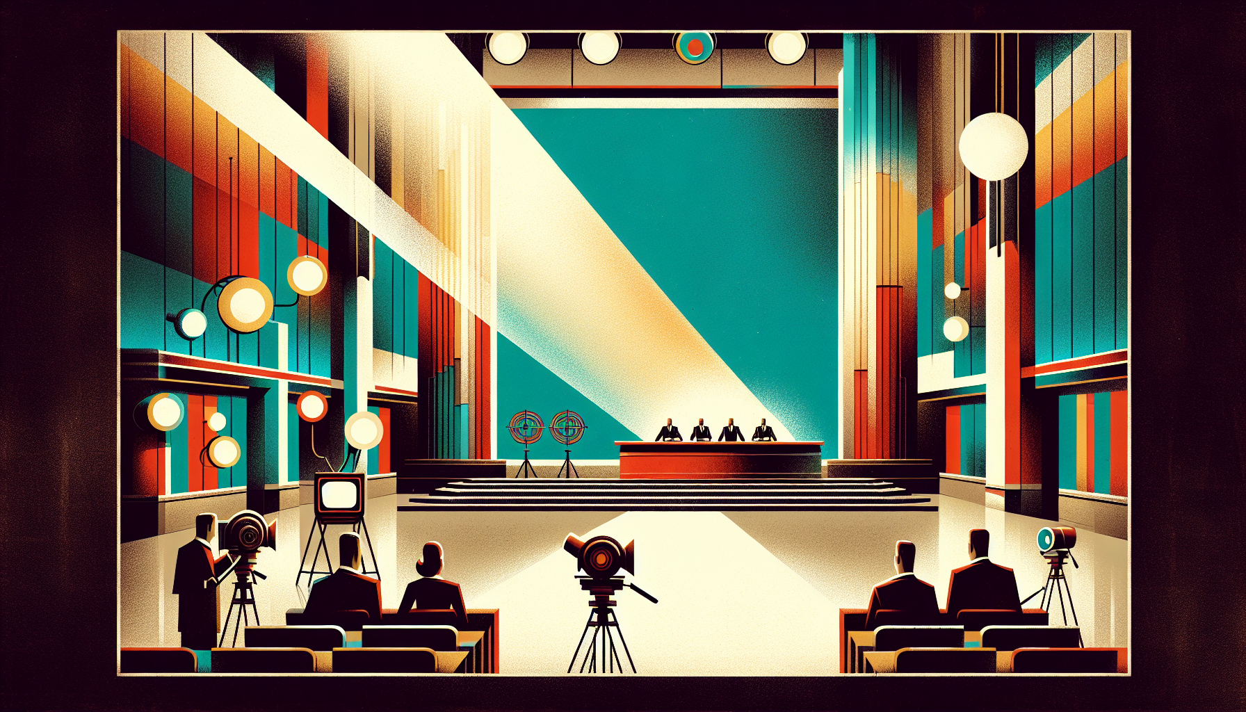 A stylized interior of a conference room with a