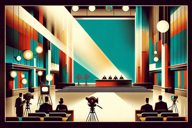 A stylized interior of a conference room with a