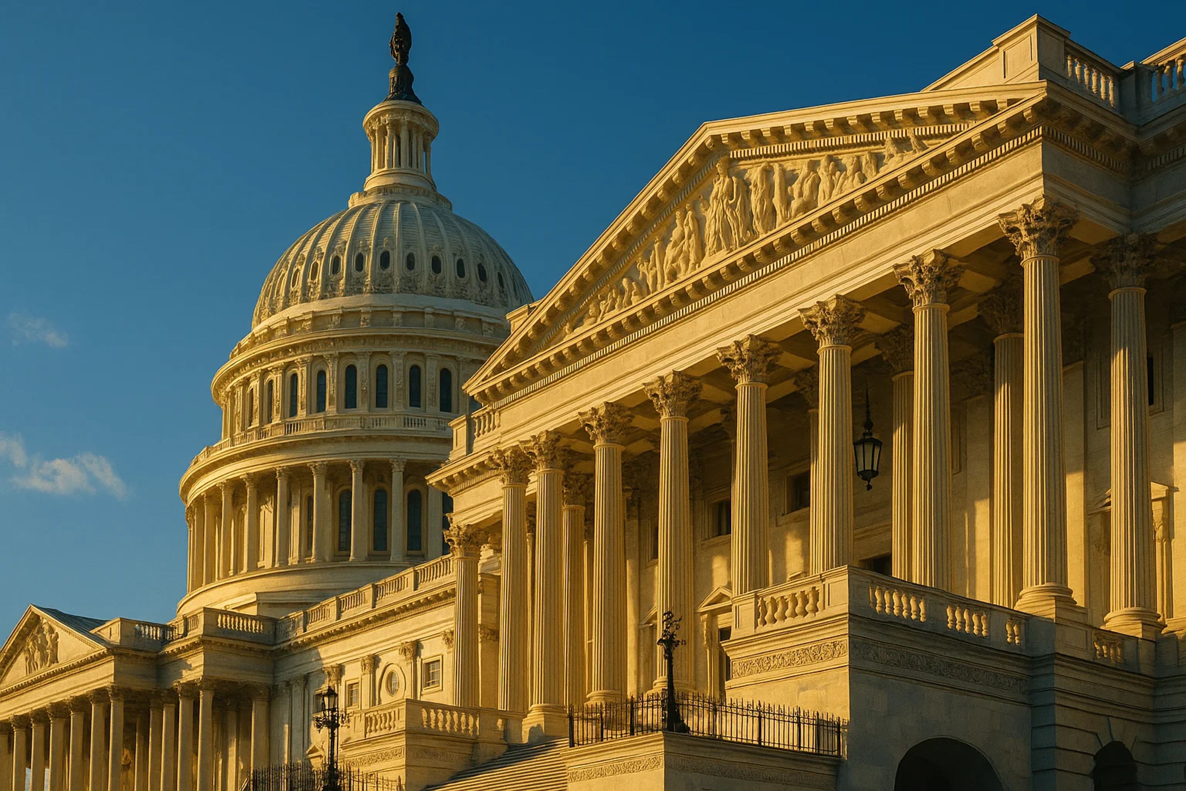 Sunlit U.S. Capitol building with dome and columns