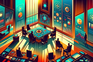 A modern conference room with large windows
